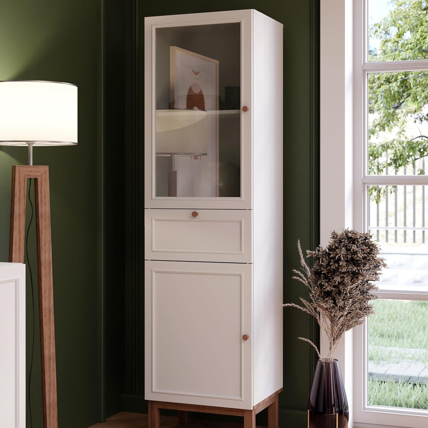 Vitrine im Landhausstil mit 2 Türen, 1 Schublade und Glasfront aus Holzwerkstoff in Secret Grey und Schlammeiche, 50,2 × 184,6 × 41,7 cm