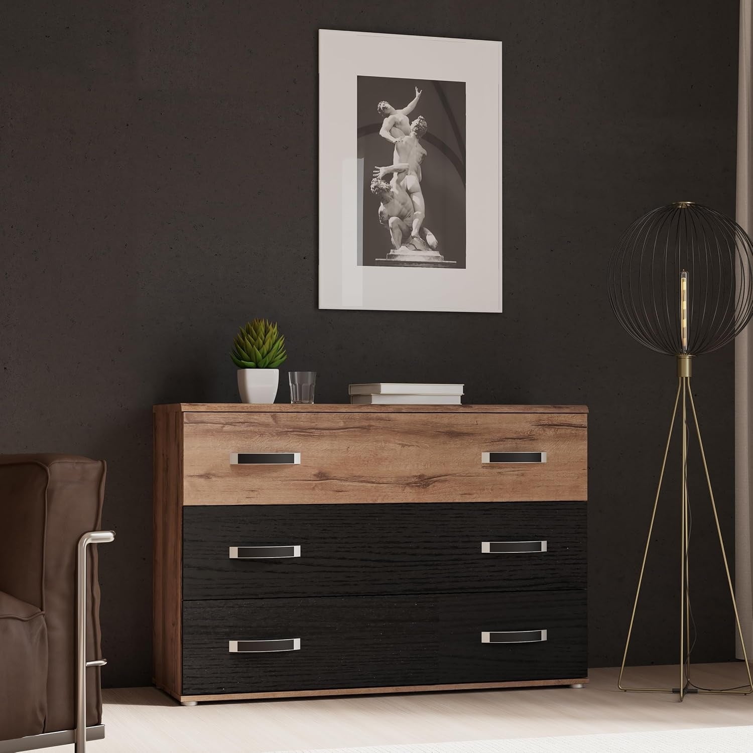 Sideboard mit 3 großen Schubladen aus Holzwerkstoff in Wolframgrau und Schwarzeiche, 120,4 × 82,4 × 41,3 cm