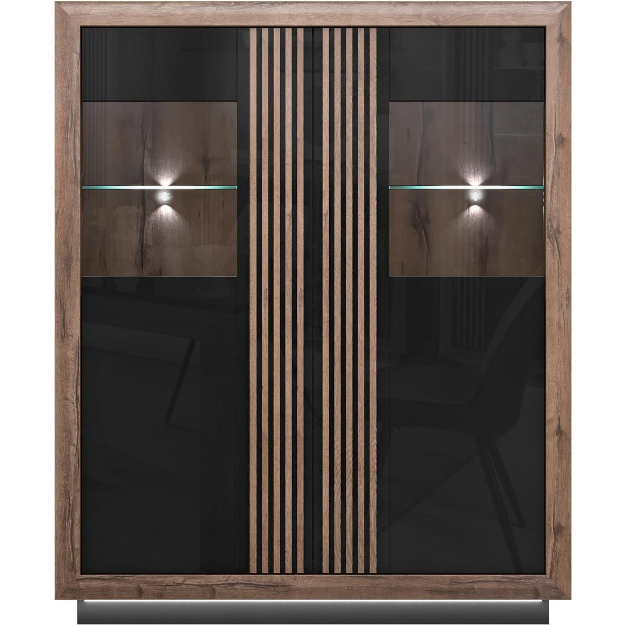 Vitrine mit 2 Türen aus Holzwerkstoff in Schwarz und Eiche mit Hochglanzfront, 133 × 161,8 × 42,3 cm