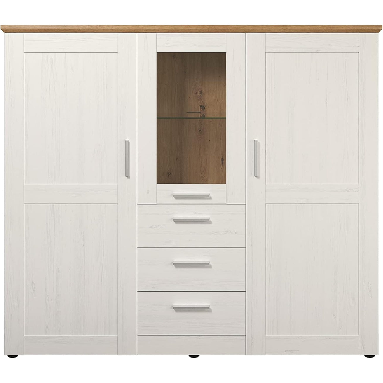 Highboard in Weiß und Eiche mit 3 Türen, 3 Schubladen, Kleiderstange, Einlege- und Glasböden, 159 × 140 × 41 cm
