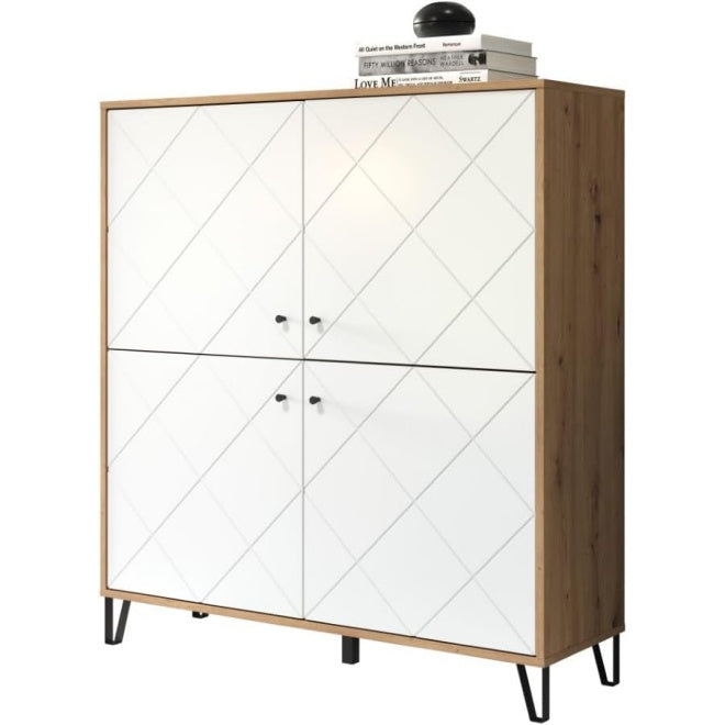 Highboard in Weiß und Eiche mit 4 Türen und 3 Einlegeböden, 123 × 136 × 40 cm