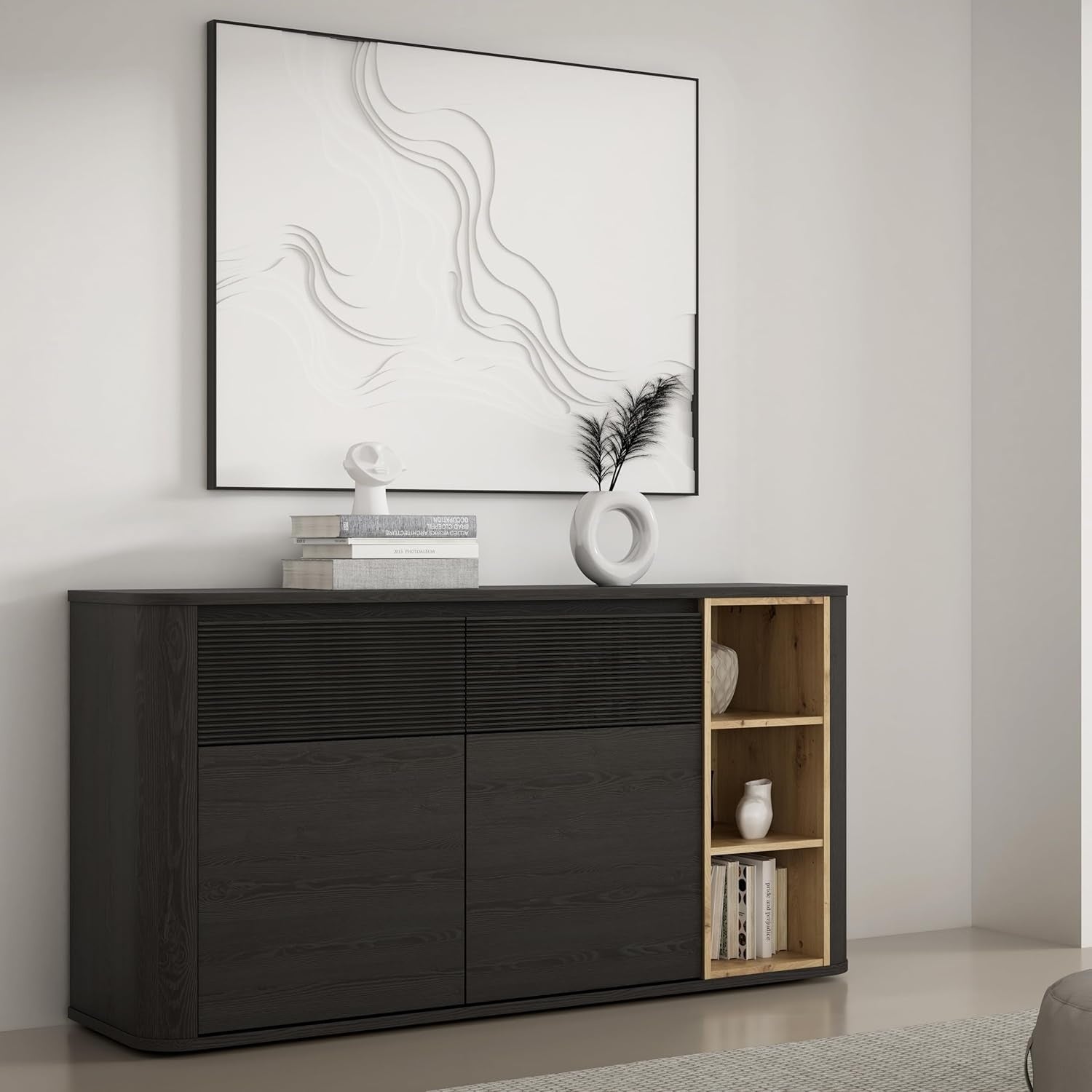 Sideboard mit 2 Türen, 2 Schubladen und offenem Regalfach aus Holzwerkstoff in Schwarz und Artisan-Eiche, 160 × 83,1 × 41,3 cm