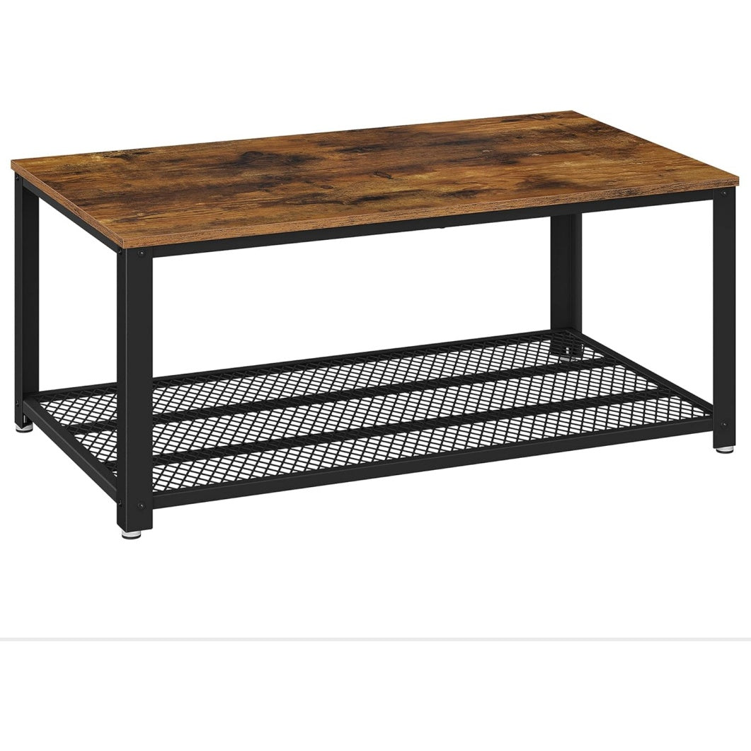 Couchtisch mit 2 Ebenen, Gitterablage und Metallgestell, Vintagebraun und Schwarz