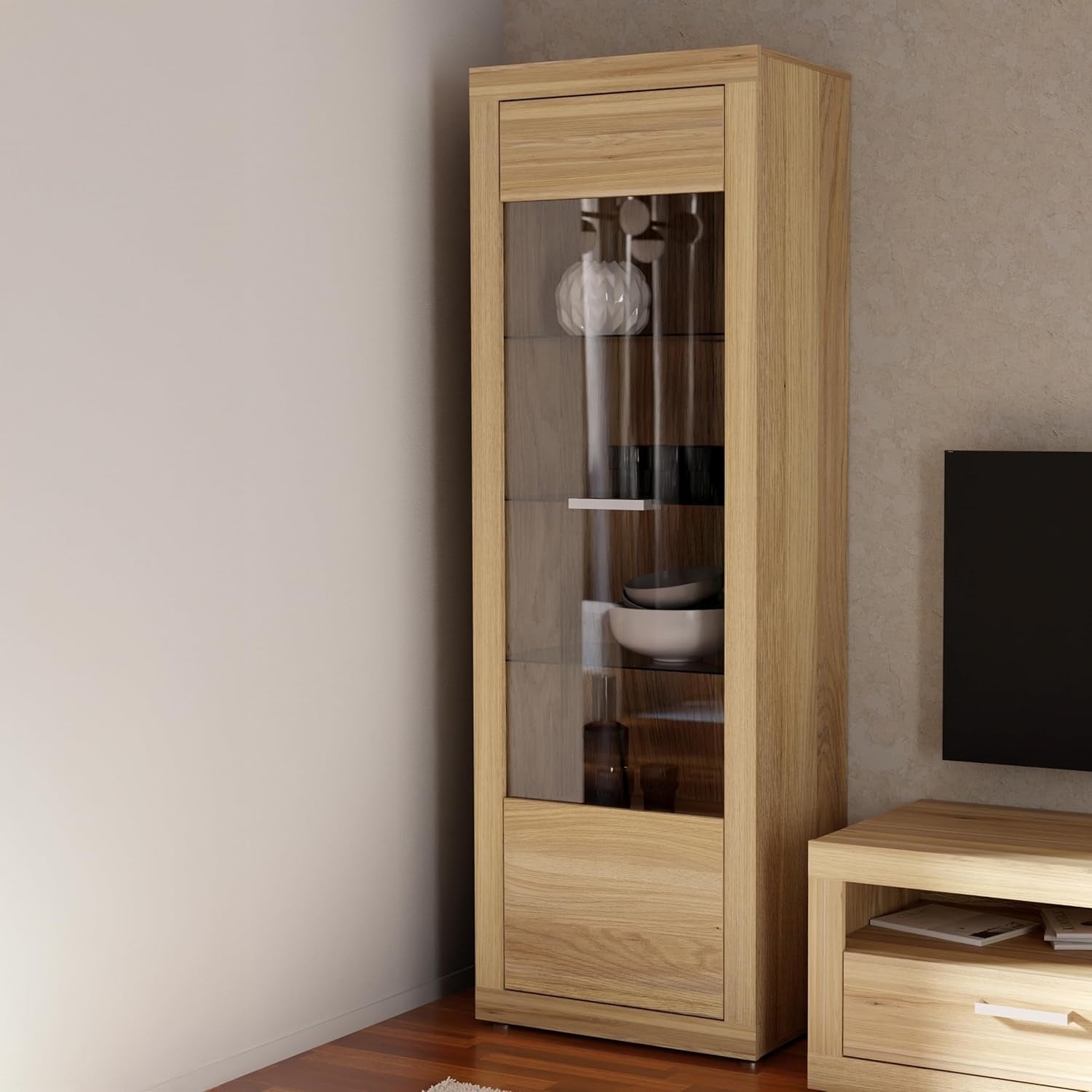 Vitrine mit 1 Tür und Glasfront aus Holzwerkstoff in Mauvella-Eiche, 63,4 × 190,7 × 41 cm