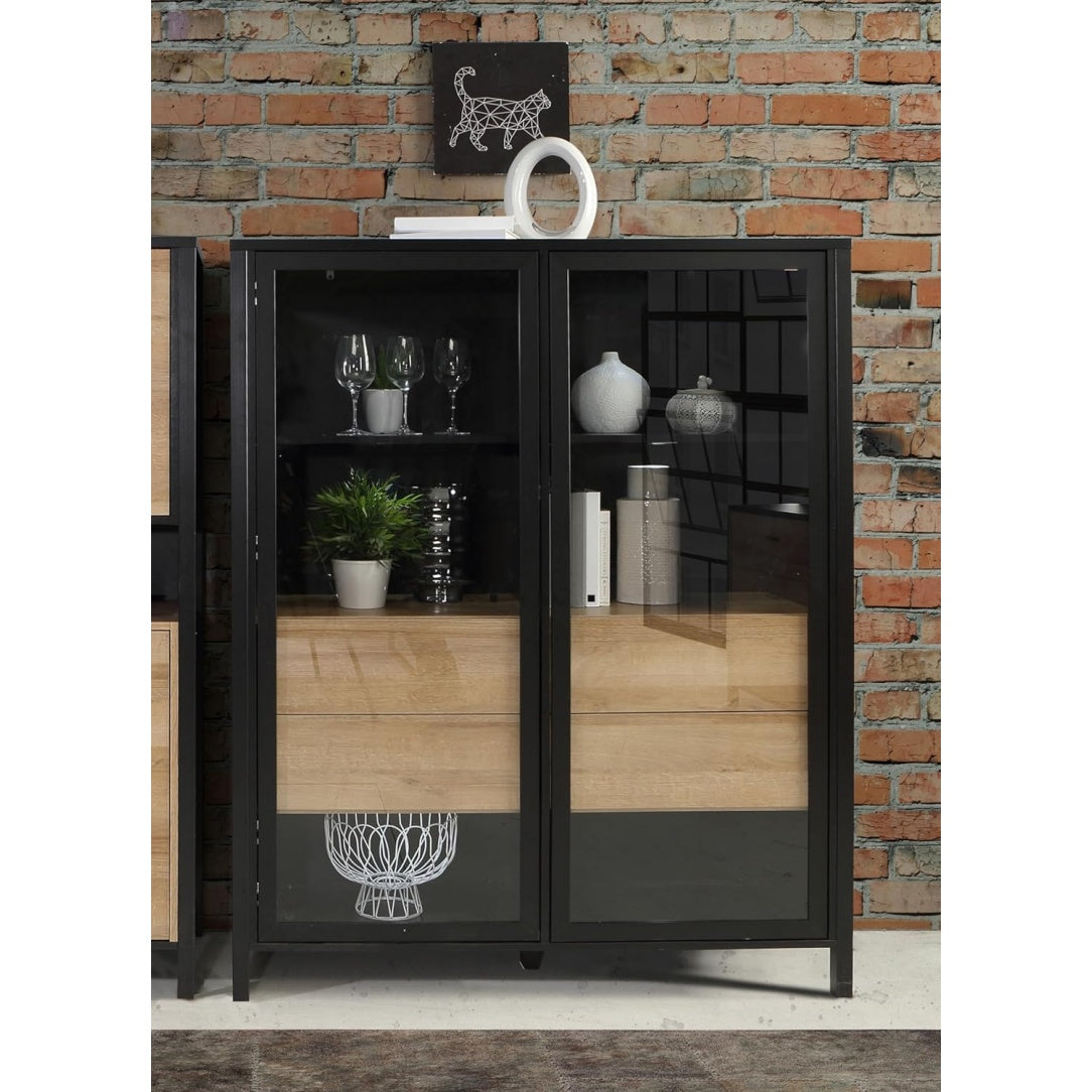 Vitrine mit 2 Glastüren aus Holzwerkstoff in Schwarz und Riviera-Eiche, 121,3 × 152,3 × 40,2 cm