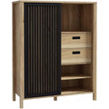 Schrank mit 2 Schubladen, Tür und 3 offenen Fächern in Mauvella-Eiche und Schwarz, 103,4 × 129,9 × 40,2 cm