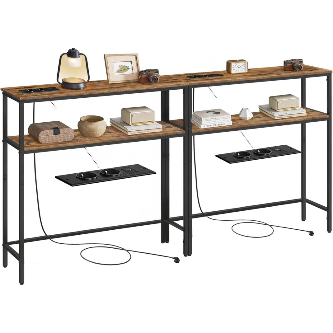Konsolentisch 2er-Set mit Ladestation und 2 Ablagen, 20 × 100 × 80 cm, Vintagebraun und Tintenschwarz