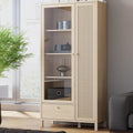 Vitrine im Boho-Stil mit 2 Türen und 1 Schublade aus Holzwerkstoff in Elegancia-Eiche und Technorattan, 86,3 × 175,3 × 42 cm