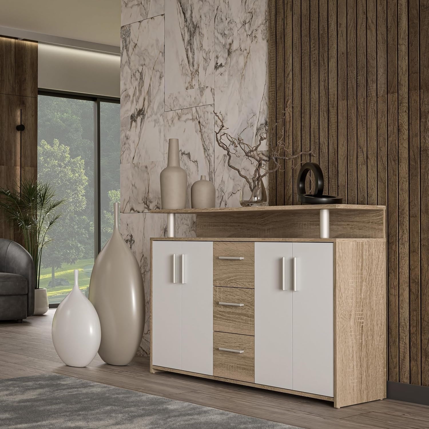 Sideboard mit 4 Türen, 3 Schubladen und Ablageaufsatz aus Holzwerkstoff in Weiß und Sonoma-Eiche, 132 × 88,5 × 34,8 cm
