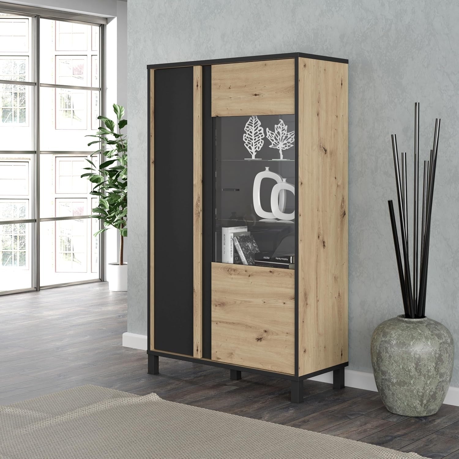Highboardvitrine mit Glasfront aus Holzwerkstoff in Artisan-Eiche und Schwarz, 95,4 × 158,8 × 42 cm