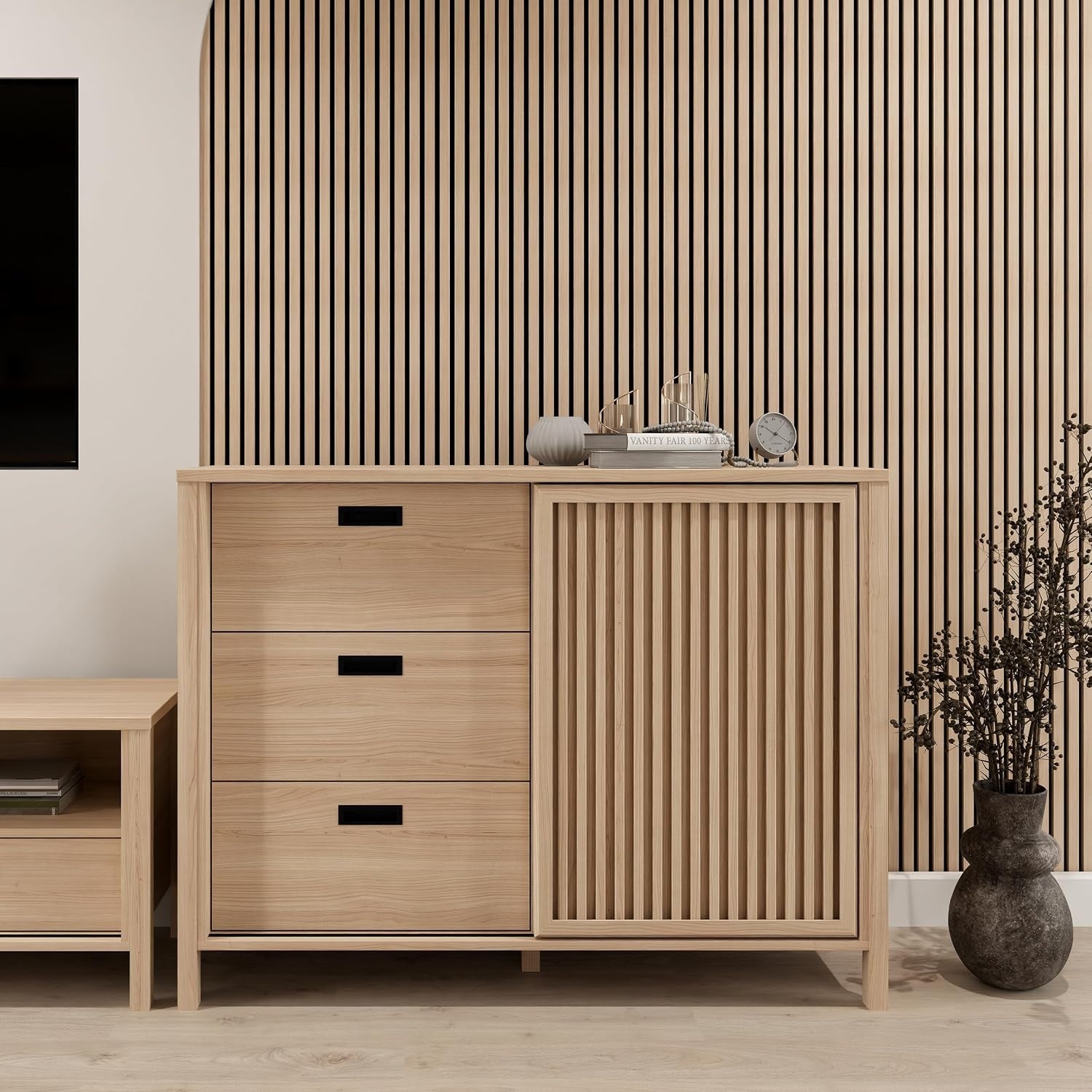 Sideboard mit 3 Schubladen und 1 Tür aus Holzwerkstoff in Riva-Eiche, 119,8 × 91,5 × 40,2 cm