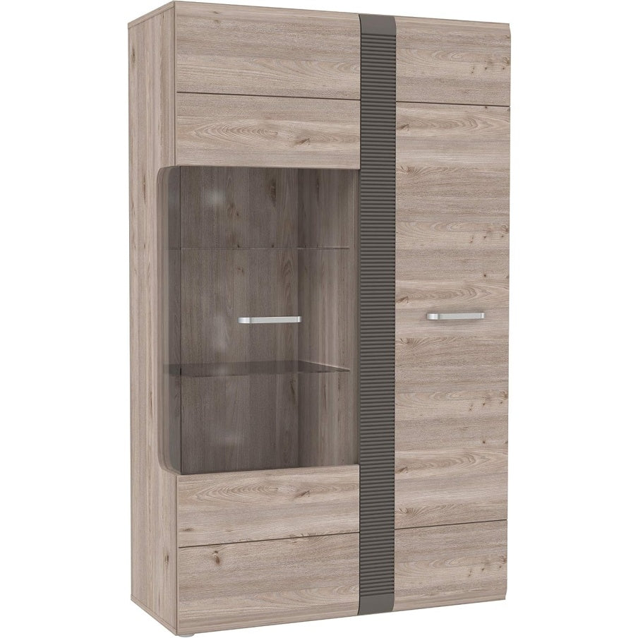 Vitrine mit 1 Tür und 1 Glastür aus Holzwerkstoff in Nelson-Eiche und Grau matt, 94,9 × 158,5 × 41,1 cm
