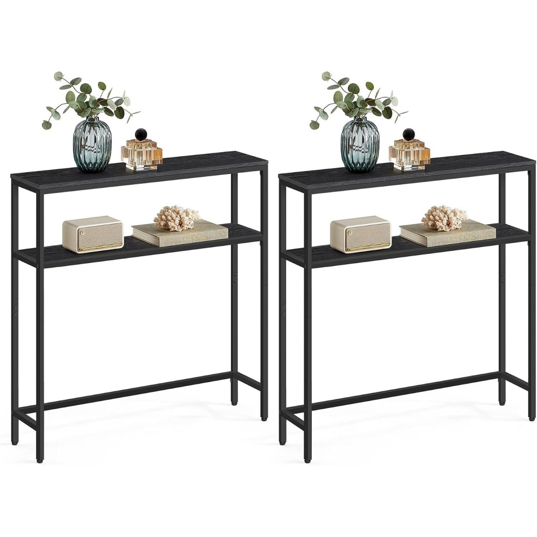 Konsolentisch-Set mit 2 schmalen Tischen und 2 Ablagen, 20 × 80 × 80 cm, Anthrazitgrau und Tintenschwarz